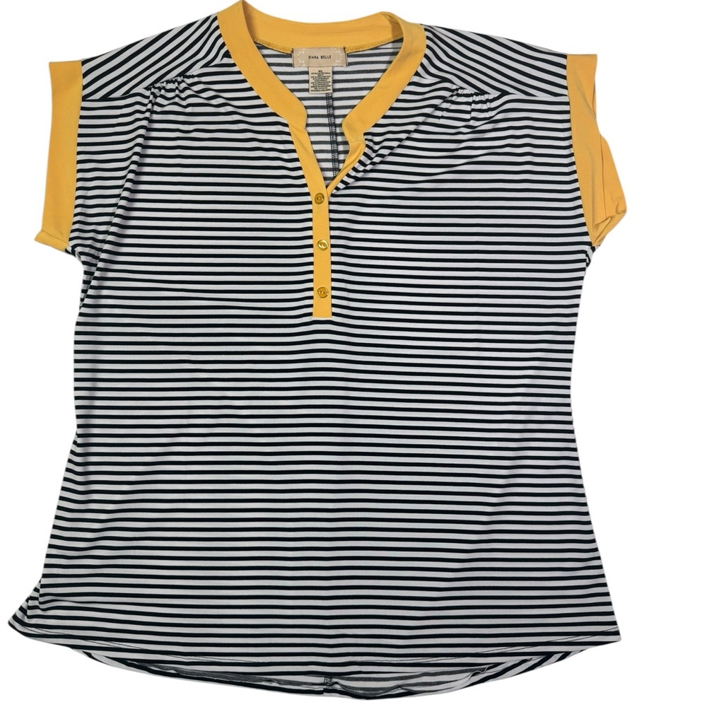 Diana‎ Belle Women’s Striped Henley Short Sleeve Top XL Black White Yellow